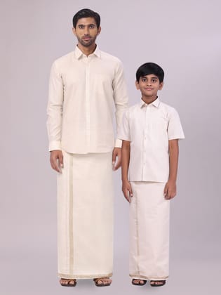 Father & Son Beige Colour Tissue Shirt with Jari Dhoti Combo-36 / F/S / Kids 01 - 02 Yrs