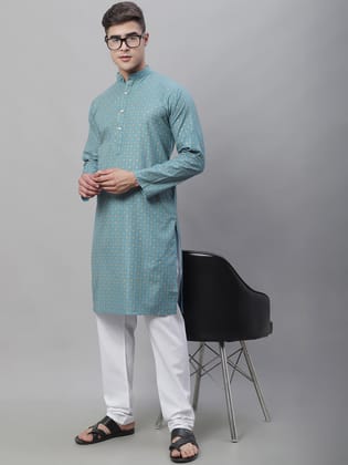 Men's Cotton Linen Peacock Blue Foil Printed Kurta and White Pyjama Set-36