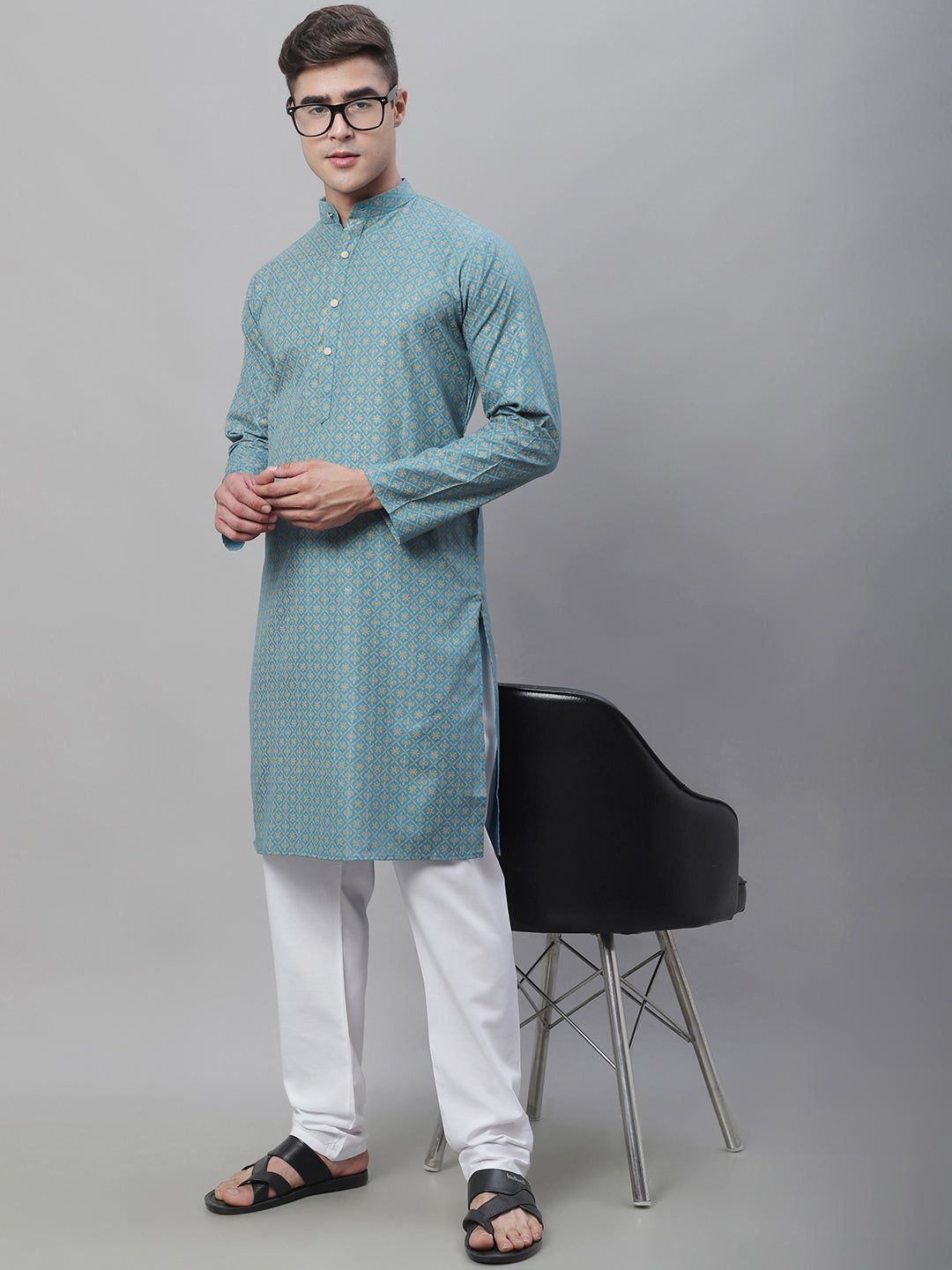 Men's Cotton Linen Peacock Blue Foil Printed Kurta and White Pyjama Set-36
