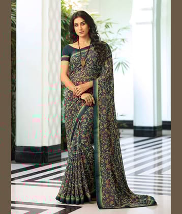 BLEESBURY Georgette Printed Saree With Unstitched Blouse Piece ( Coffee )