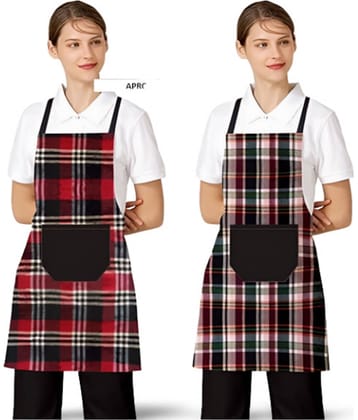 CreadCraft Cotton Checks Kitchen Apron with 1 Center Pocket ( Pack of 2 )