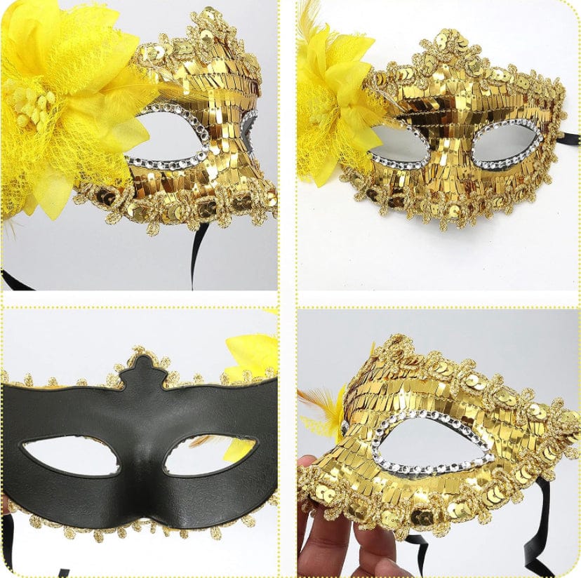 Golden Sequin Mask with Yellow Flower