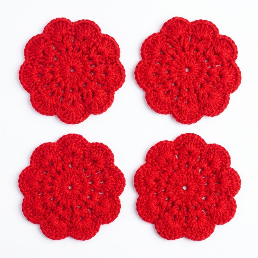 RED CROCHET COASTERS – HANDMADE TABLE DECOR SET - Set of 6