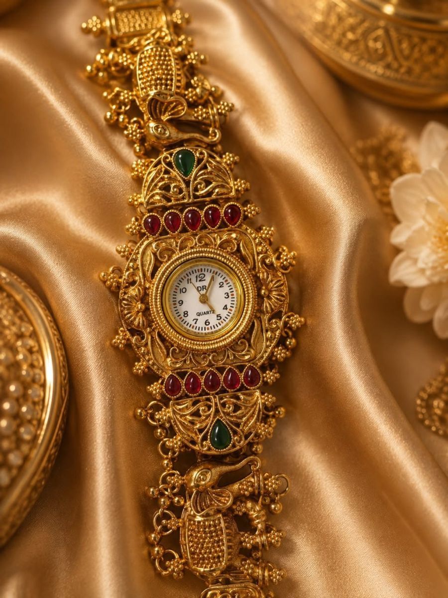 Traditional Ethnic Gold-Tone Stone Embellished Women's Watch