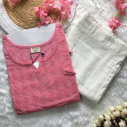 Light Pink Katha Work - Cord Set - with White Pant - Pure Cotton-44 - XXL