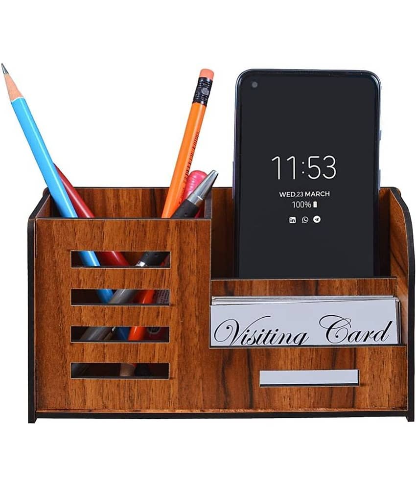 Wooden Desk Organizer Pen And Pencil Stand For Office Pen Stand With Visiting Card & Mobile Holder