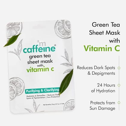 mCaffeine Vitamin C Face Sheet Masks With Green Tea For Dark Spot Reduction & Hydration, 20 gm