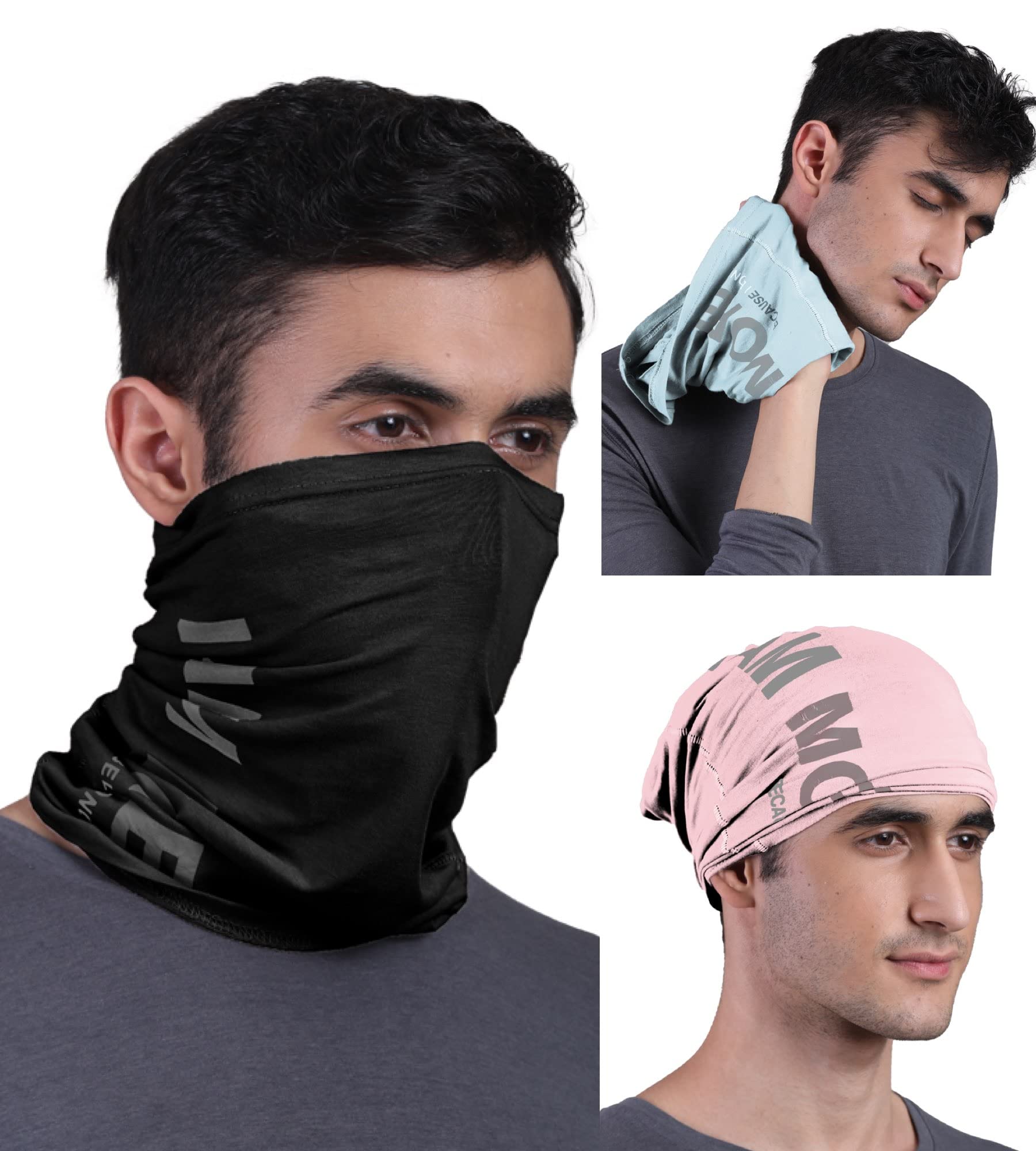 FREECULTR Unisex Bamboo Bandana, Anti Microbial Super Soft & Comfort Fit, Breathable Multipurpose Headband - Printed Pack of 3-Black,Chalk Blue,Pastle Peach