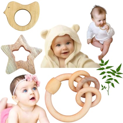 Natural Wooden Baby Rattle and Teething Toy Set with Ring, Bird and Star Designs Natural Wooden Baby Rattle and Teething Toy Set with Ring, Bird and Star Designs
