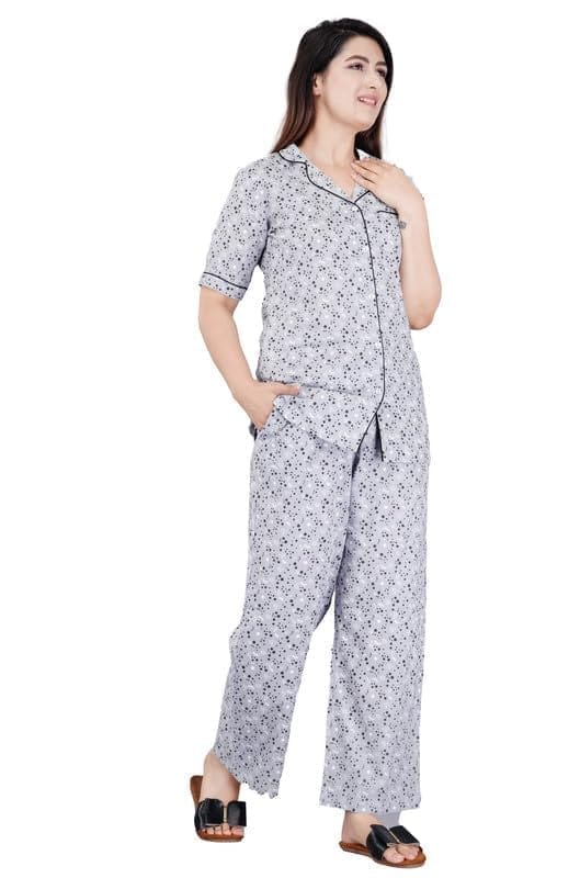 Women's Casual Half Sleeve Printed Viscose Rayon Shirt with Pyjama Pant Night Suit Set (Grey, L)-PID47192