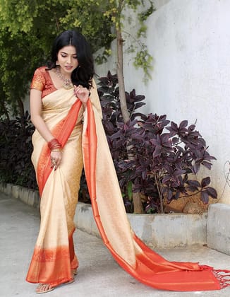 Cream Kanjivaram Soft Silk Banarasi Saree