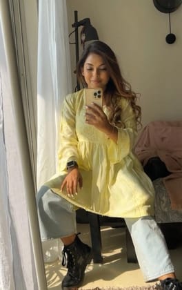 Chikankari Muslin Peplum short Top in Yellow-Light Yellow / cotton / L