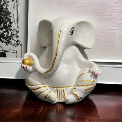 White Marble Ganpati Gajanan With Modak Statue Murti Figurine H – 14 cm-Composite Marble