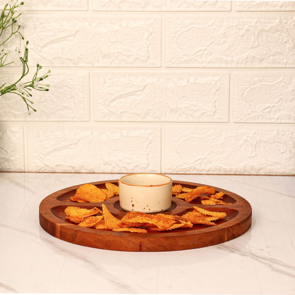 Femora Round Wooden Serving Tray with Bowl, 1 pc Tray & Bowl, 10 Inch(25 * 25 CM), 1 Year Warranty.
