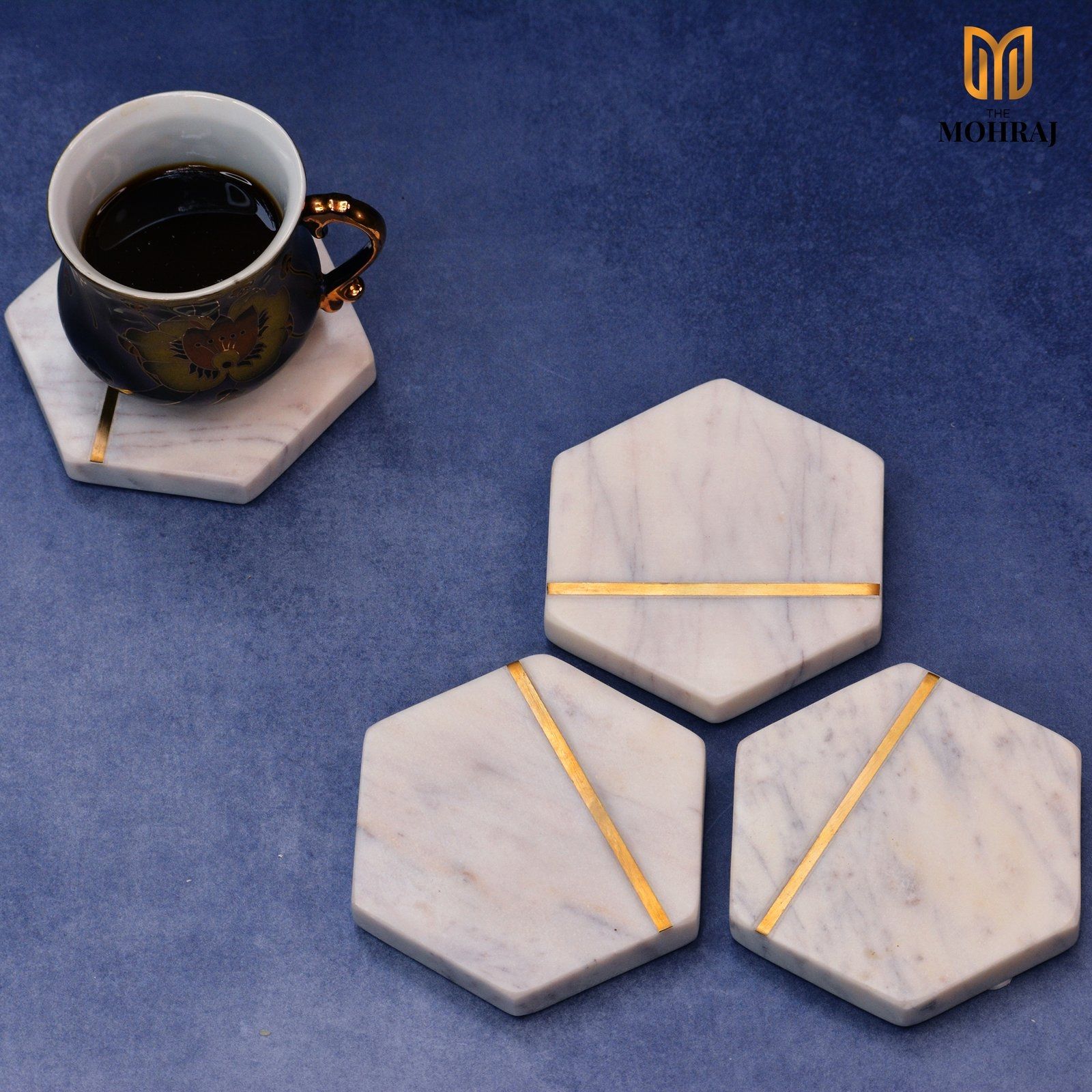 Hexagonal White Marble Inlay Coasters Set of 4