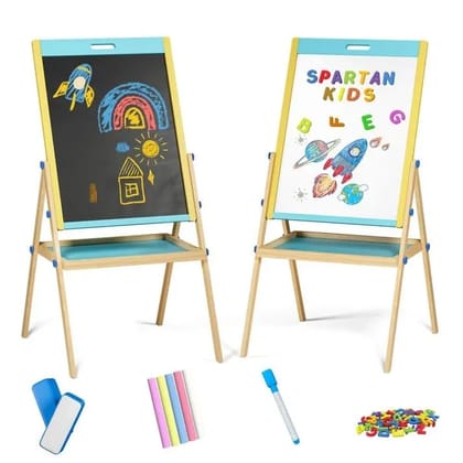 Braintastic Kids Wooden Double-Sided Magnetic Easel Board, 3-in-1 Chalkboard and Whiteboard, with Alphabet Letters, Marker, Chalk, Duster, 99 cm, for Ages 3 Years and Above (Blue)