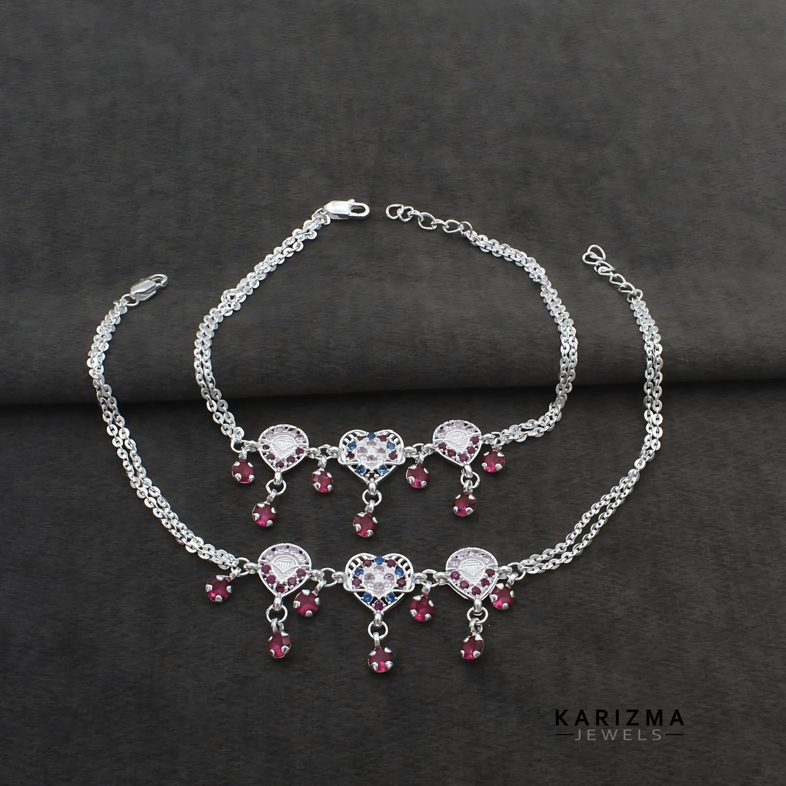Real Sterling Silver Indian women handmade pretty gift pink CZ Anklets Ankle Pair 9.5"