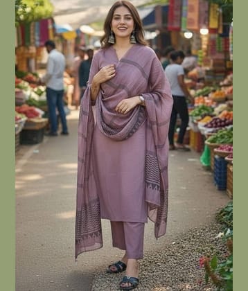 Lee Moda Women Rayon Solid A-line Kurti With Pants ( Purple )