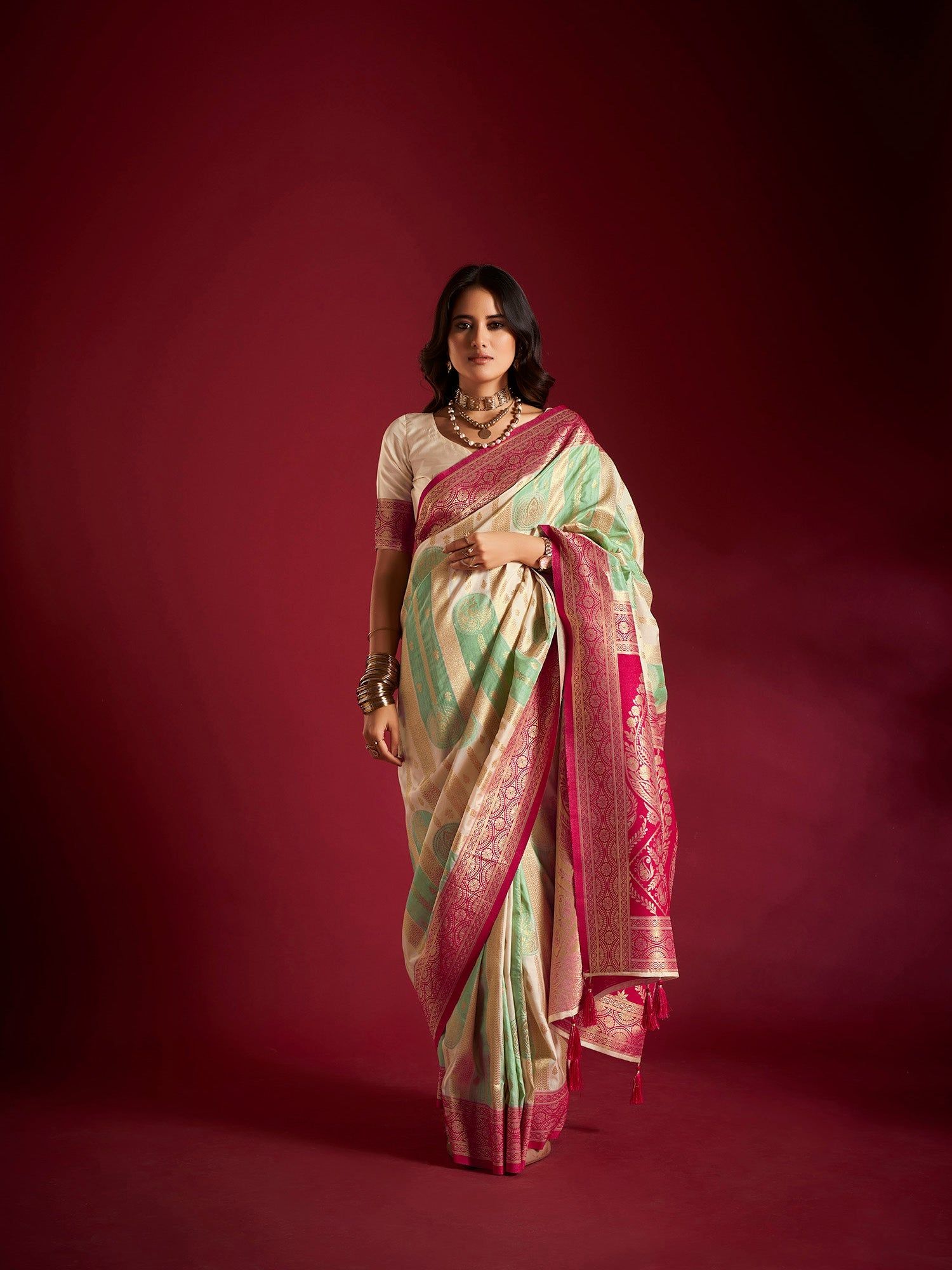 Cream & Sea Green Pure Soft Silk Banarasi Weaving Saree