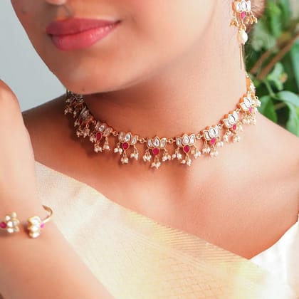 Silver 92.5 Lotus Polki Kundan Necklace-Gold / Necklace