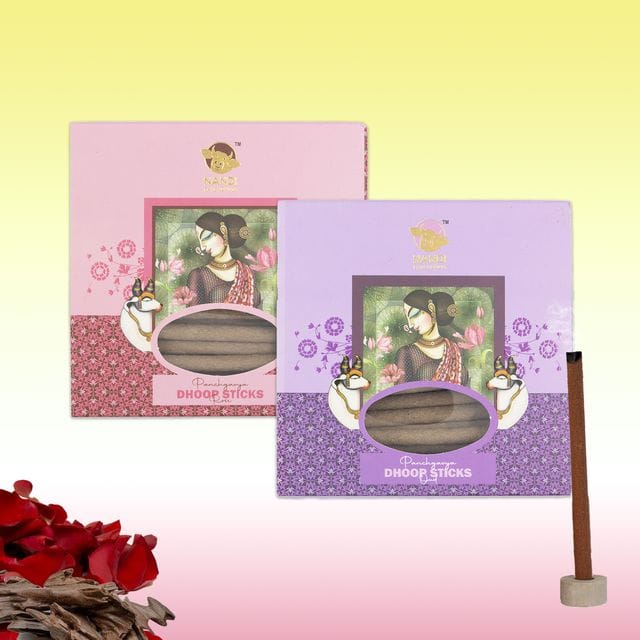 Nandi Panchgavya 100 Percent Cow Dung Dhoop Sticks for Pooja with Stand (Rose & Oud Fragrance-100 Sticks)