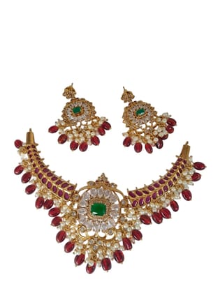 ANVAYACOLLECTIONS Traditional Brass Necklace and Earrings Set, Red and Green, Gold Toned