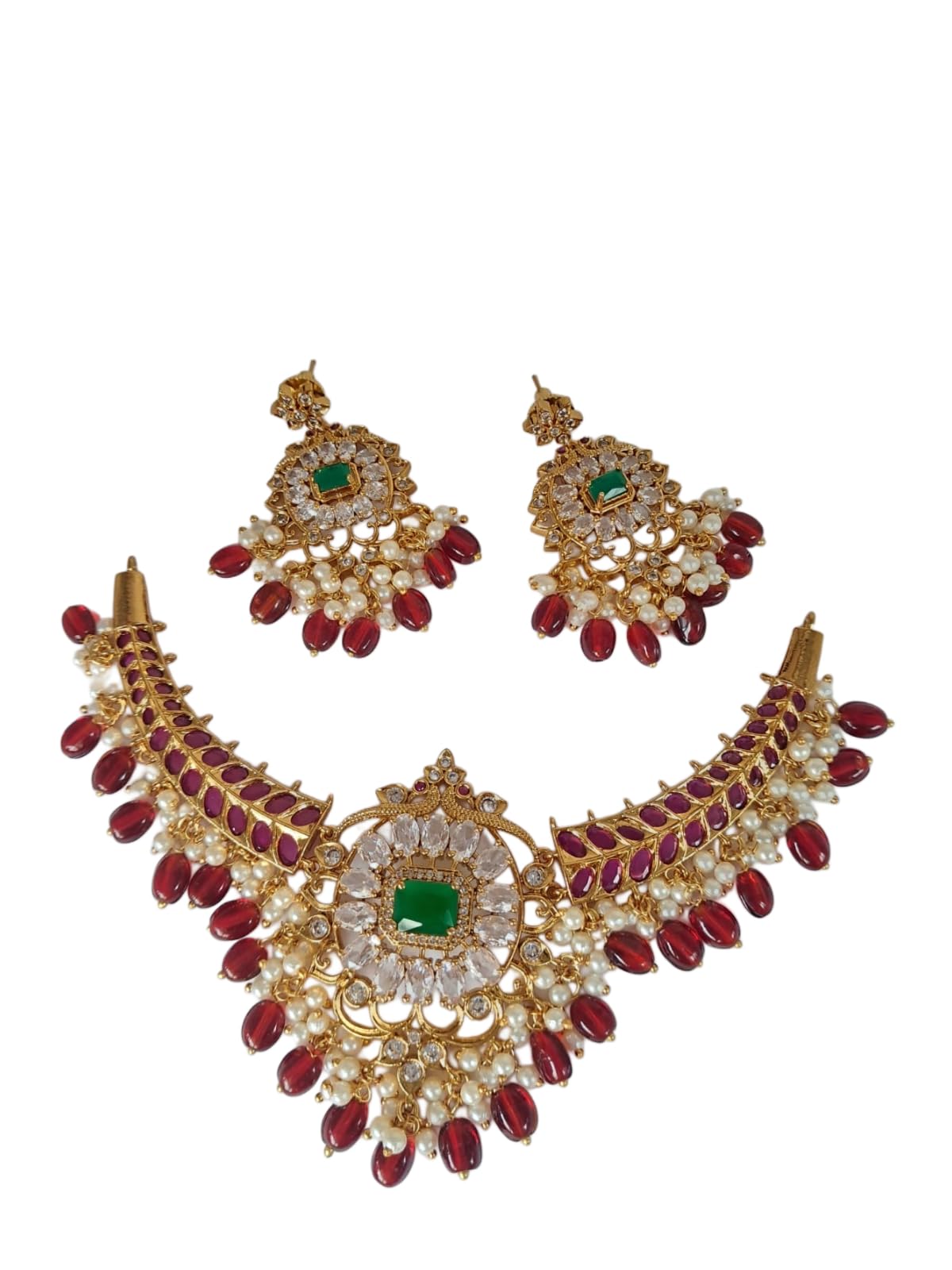 ANVAYACOLLECTIONS Traditional Brass Necklace and Earrings Set, Red and Green, Gold Toned