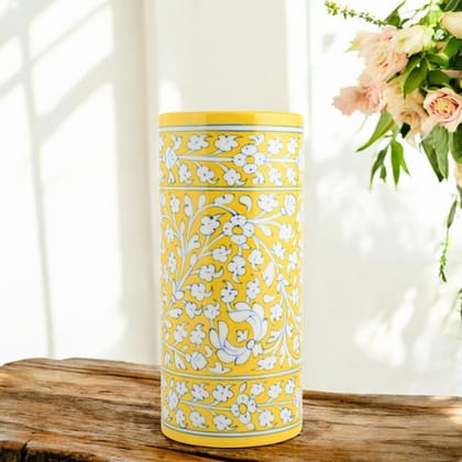 Blue Pottery Decorative Cylindrical VaseYellow Blue Pottery Decorative Cylindrical VaseYellow
