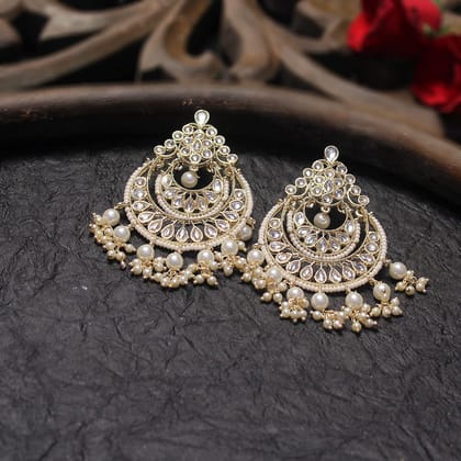 Classic Gold-Toned White Kundna and Pearl Contemporary Chandbali Earrings