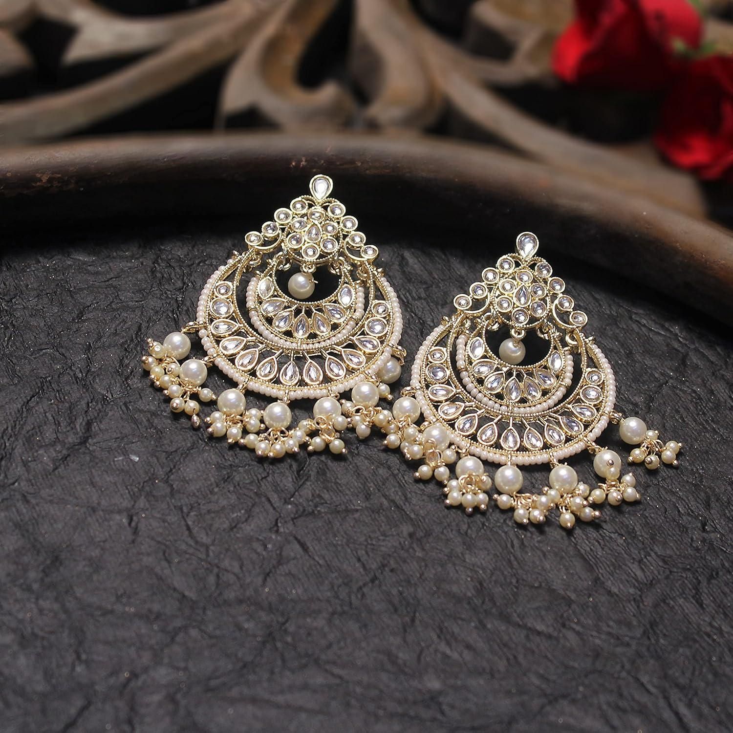Classic Gold-Toned White Kundna and Pearl Contemporary Chandbali Earrings
