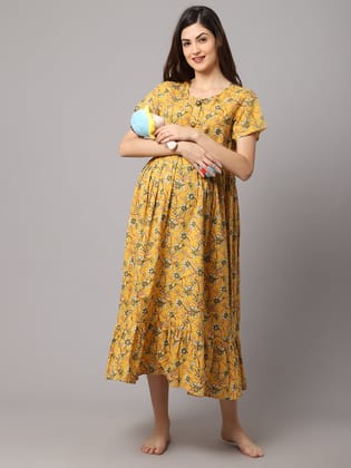 Women's Cotton Floral Printed Pre and Post Maternity Dress-L / Yellow