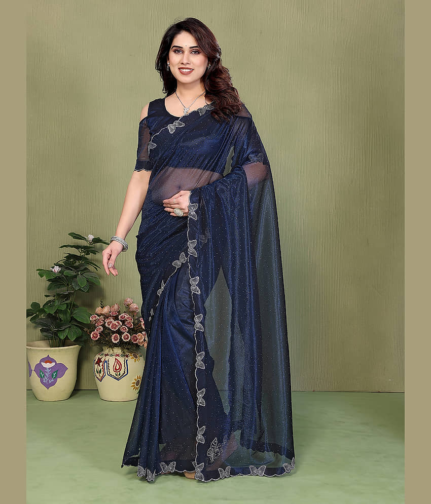 ANAND SAREES Net Solid Regular Saree With Unstitched Blouse Piece ( Blue )