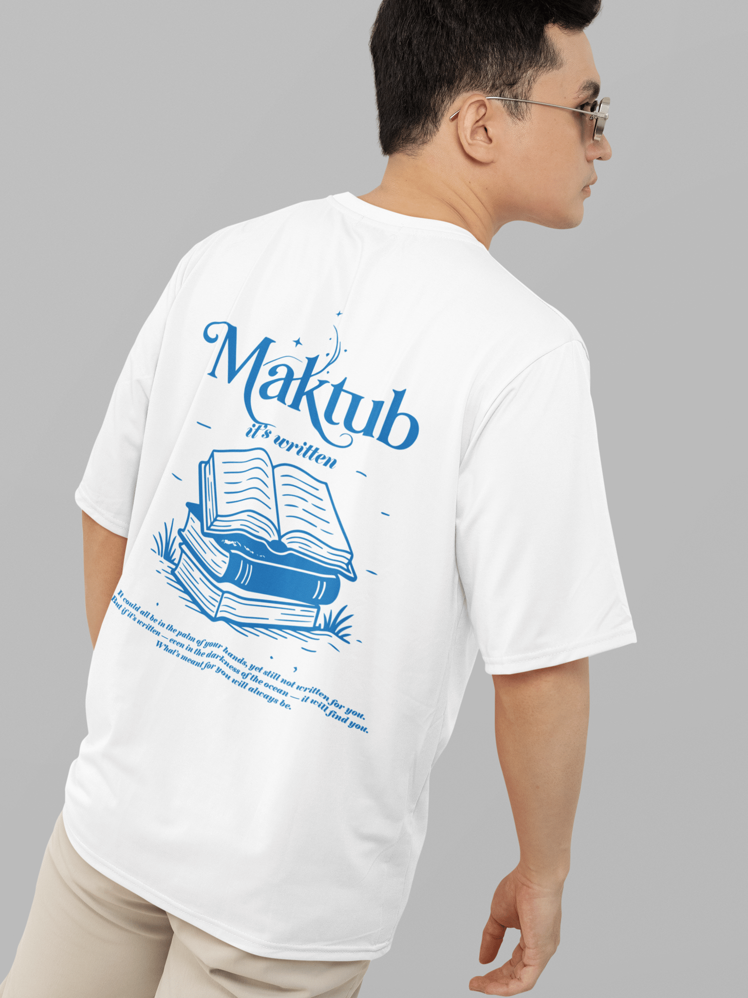 Maktub Round Neck Drop Shoulder Graphic Printed Oversized Cotton T-shirt-S / White
