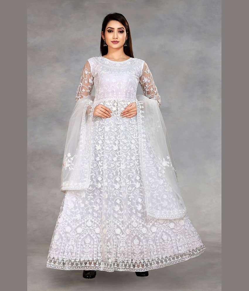 JULEE - White Flared Net Women's Semi Stitched Ethnic Gown ( Pack of 1 )