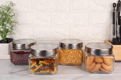 Femora Clear Glass Octo Kitchen Storage Jars, 850 ml, Set of 2, Free Replacement of Lids