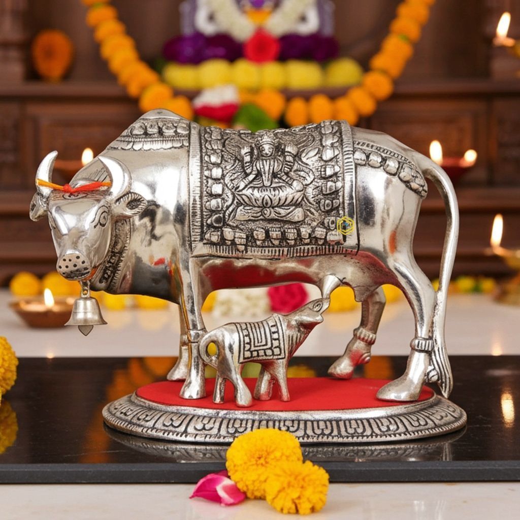 Aluminium Cow & Calf Idol � Traditional Decorative Piece, Height : 7.5 Inch (ASMAS129 S)
