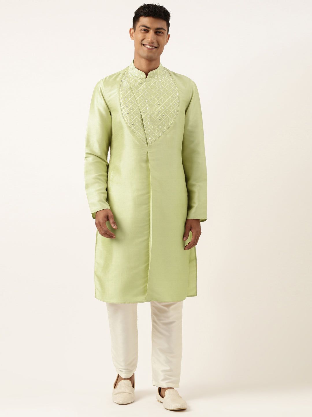 Parrot Green Embroidery Angrakha Kurta Set-Made To Measure / Kurta Churidaar Set