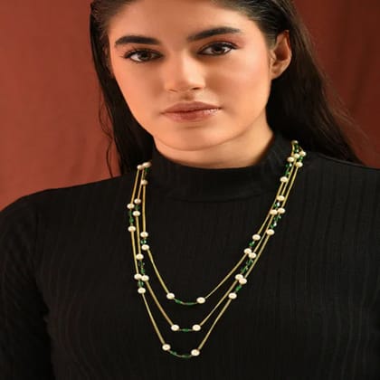 Green White Gold Tone Beaded Layered Necklace with Pearls - MS350AB