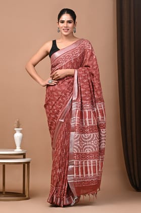 HAND BLOCK PRINTED COTTON LINEN SAREE WITH BLOUSE