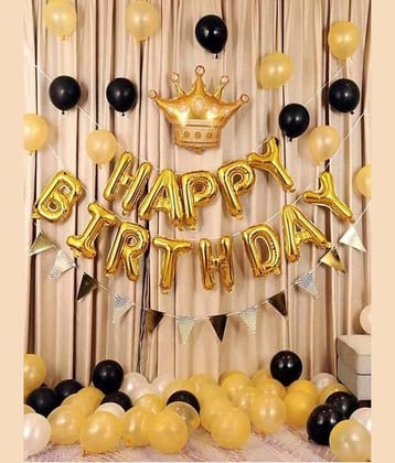 PartyBooms Happy Birthday Gold Foil Decoration Item, 1 Gold Crown Foil, 15 Gold, 15 Black Balloon Pack of 32