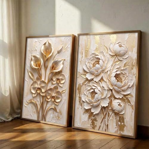 Elegant Gold & White Flower Framed Artwork | Set of 2 Modern Botanical Wall Decor for Living Room, Bedroom & Home