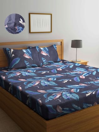 Black & Blue Floral 300 TC King Bedsheet with 2 Pillow Covers