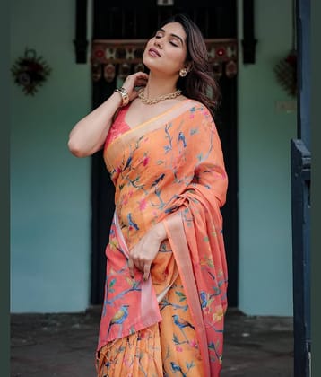 Almaari Fashion Linen Printed Saree With Unstitched Blouse Piece ( Multicolor )