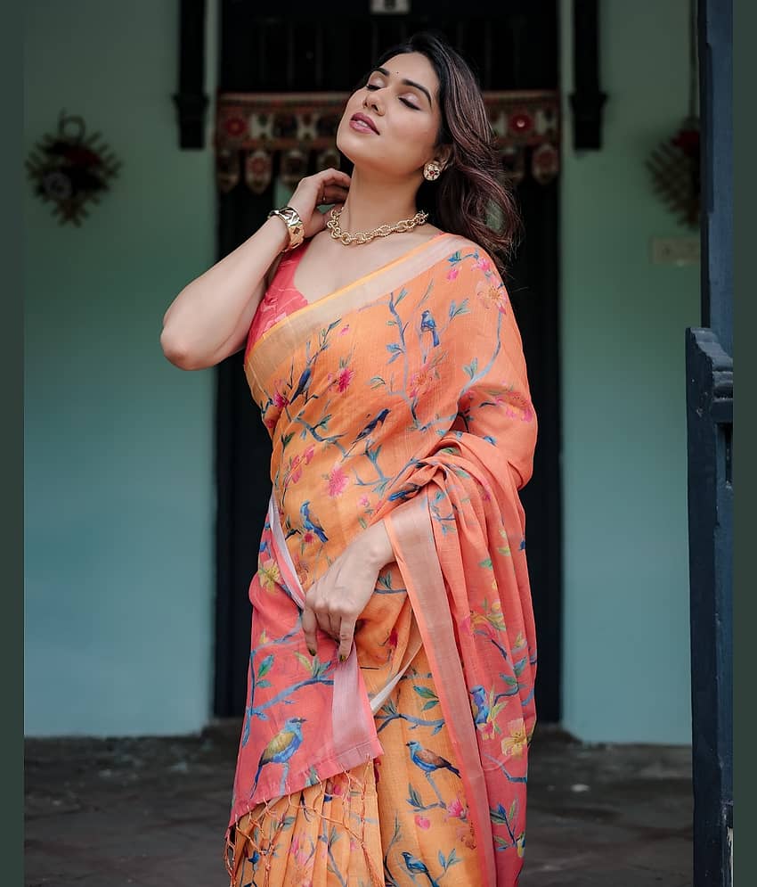 Almaari Fashion Linen Printed Saree With Unstitched Blouse Piece ( Multicolor )