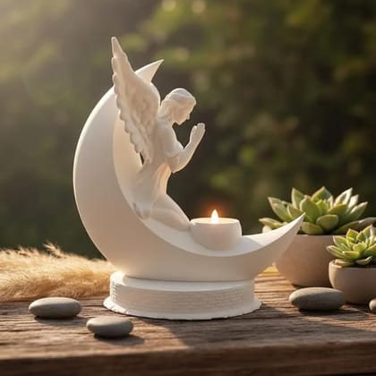 Angel Moon LED Candle Holder  Biodegradable Plastic Decorative Sculpture with LED Tea Light  16 x 20 x 19 cm  White Serene Angel Kneeling on Crescent Moon