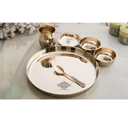 Bronze Thali Set – 6-Piece Matt Embossed Dinnerware Set with 1 Thali, 1 Glass, 1 Spoon, 1 Small Plate, and 2 Bowls, Ideal for Everyday Dining & Festive Occasions-Embossed