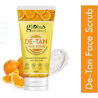 Globus Naturals De Tan Face Scrub, Enriched with Blueberry  Grapes, Tan Removal, Anti Pollution  Oil Control Formula, Chemical Free, Cruelty Free, Suitable For All Skin Types, 50 gm