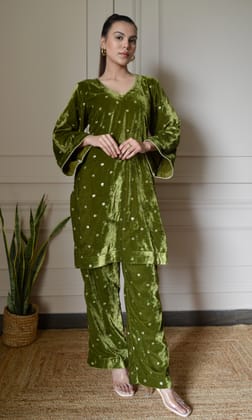 Green Velvet Co-ord Set with Gold Sequin Embroidery and Bell Sleeves-M