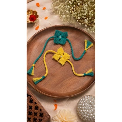 HANDMADE COTTON MACRAME RAKHI SET (TEAL & YELLOW) HANDMADE COTTON MACRAME RAKHI SET (TEAL & YELLOW)