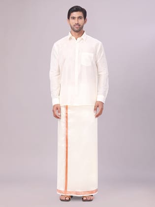 Men's Art Silk Cream Full Sleeves Shirt with Copper Jari Border Dhoti Combo Finesse-36 / F/S / Cream